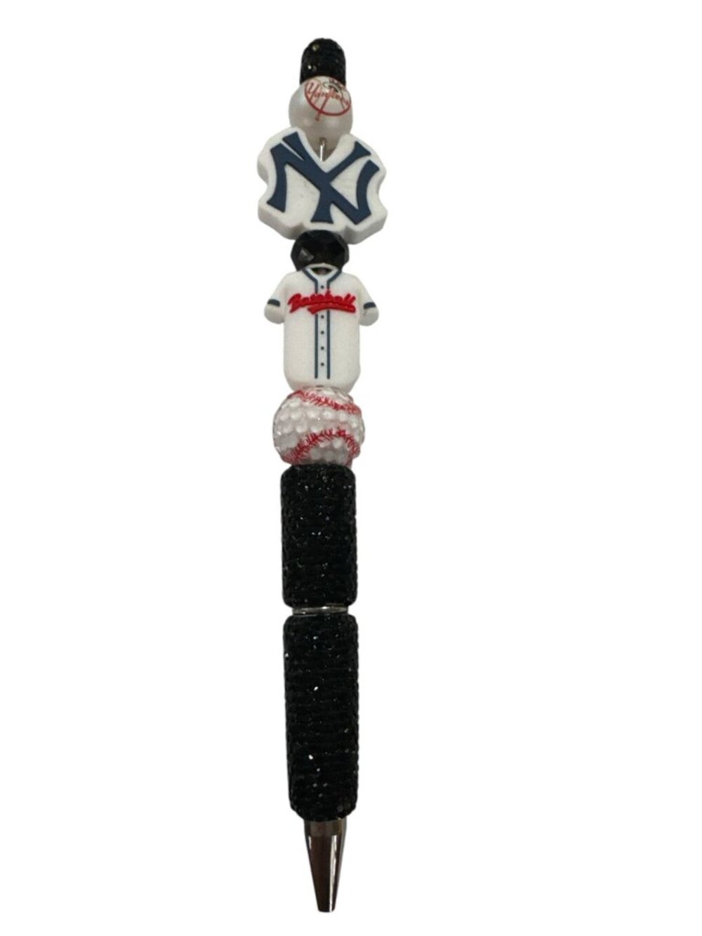 New York Yankees Beaded Baseball-Themed Pen With Black Glitter Handle & Decorati